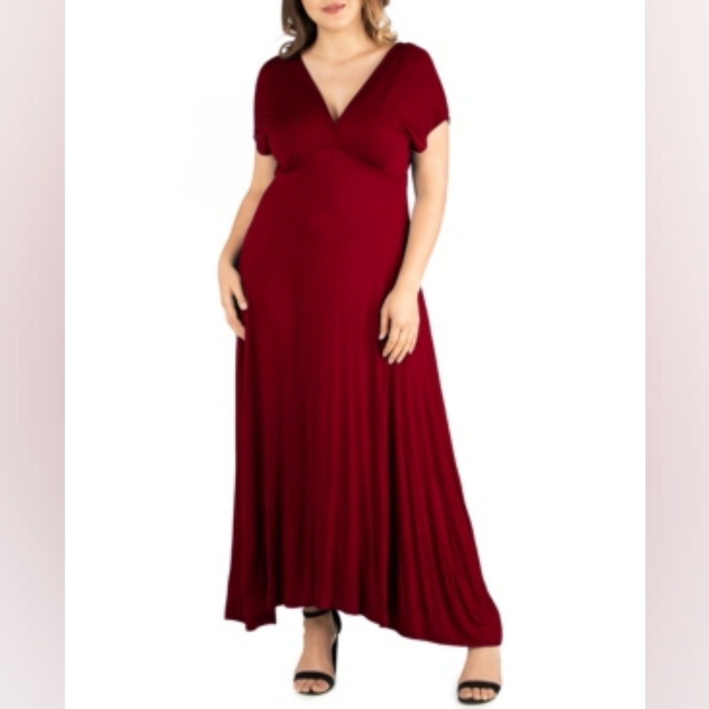 24seven Comfort Apparel Plus Size Empire Waist V-neck Maxi Dress - Wine 2X